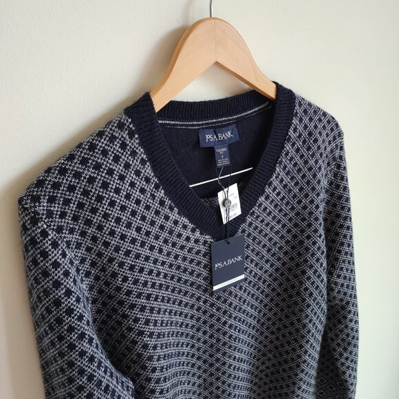 S Sweater Blue New Jos A Bank Small V Neck Nwt Winter Wool Blend Navy Diamond Sz - Picture 9 of 17